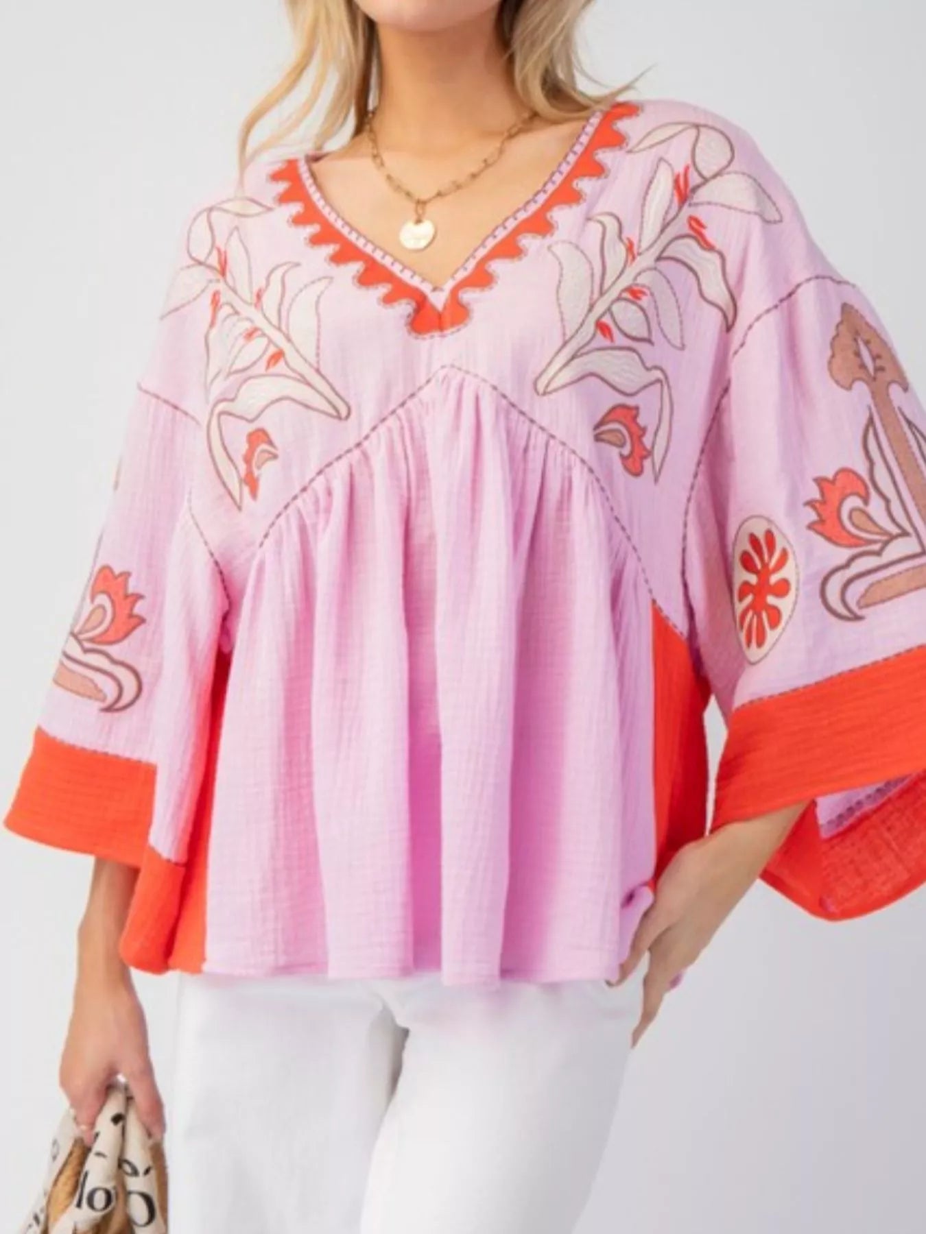 Printed V-Neck Top with Contrast Trim Details Pink And Red OutfitFlow
