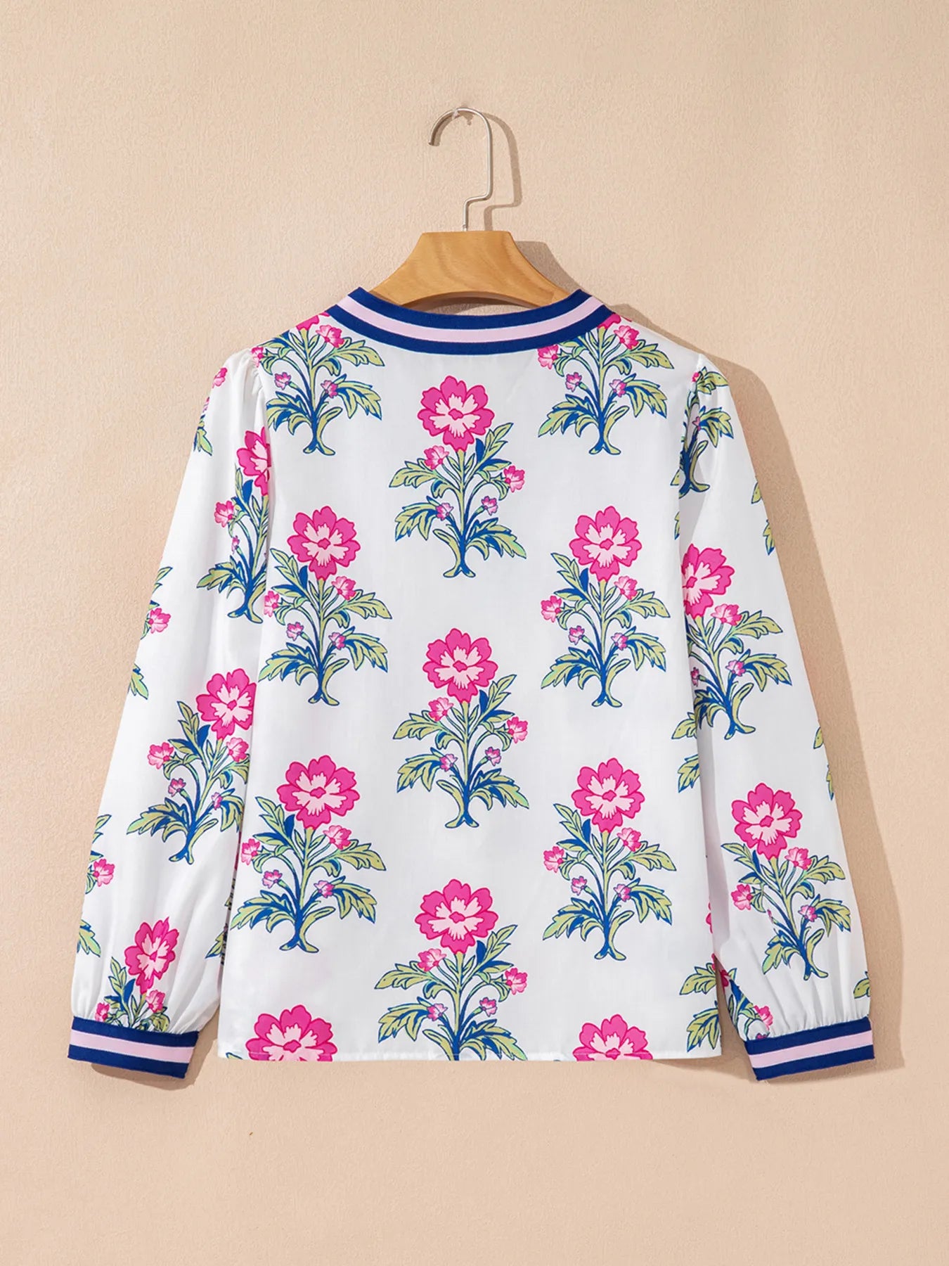 Floral Print Striped V Neck Blouse OutfitFlow
