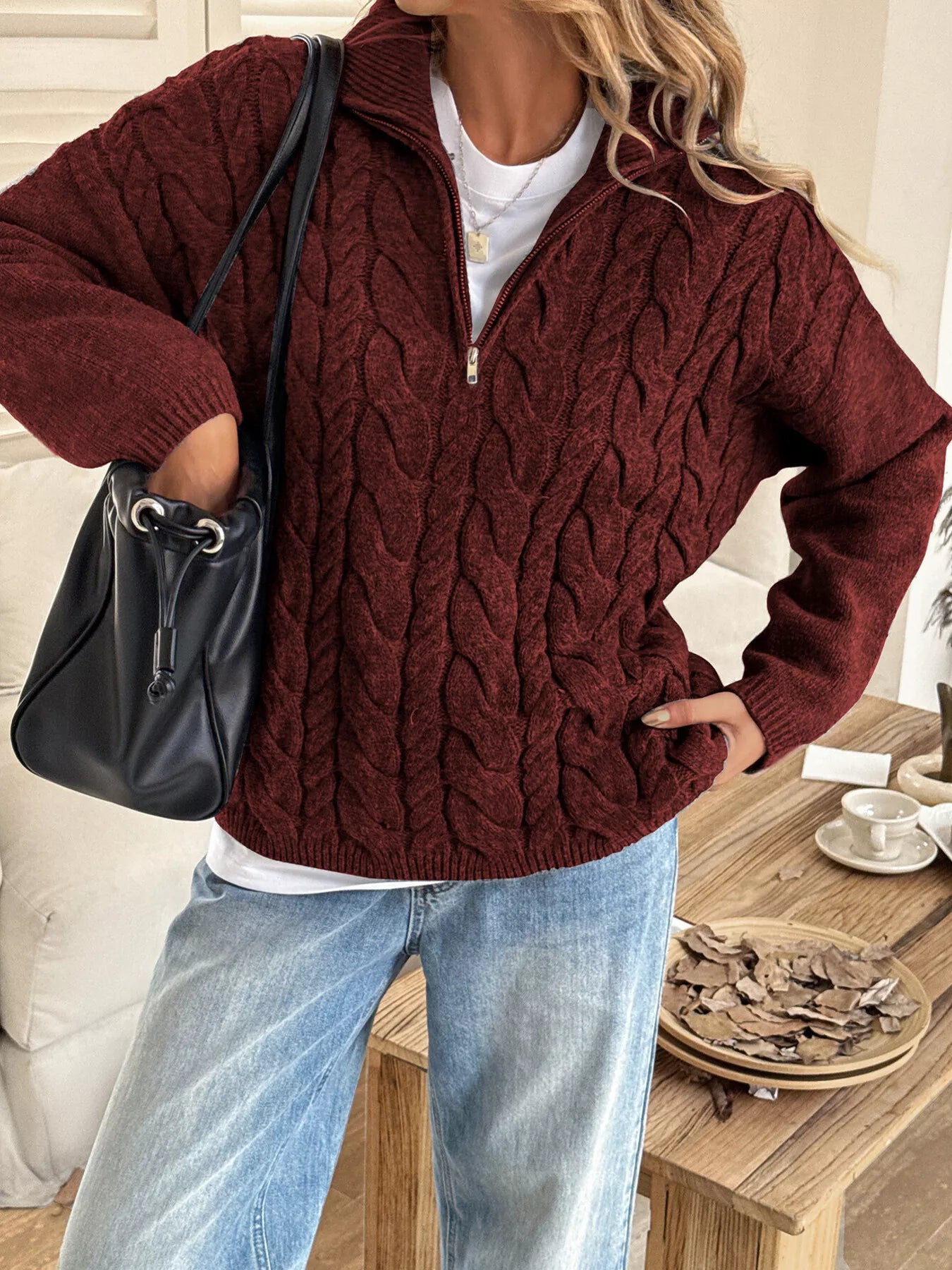 Zip Collar Cable-Knit Sweater OutfitFlow