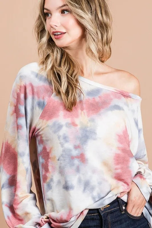 BiBi Tie Dye Print Terry Top With Puff Sleeves OutfitFlow