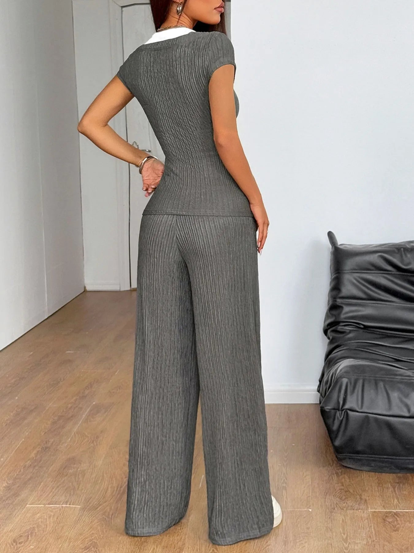 Textured Short Sleeve Top and Pants Set OutfitFlow