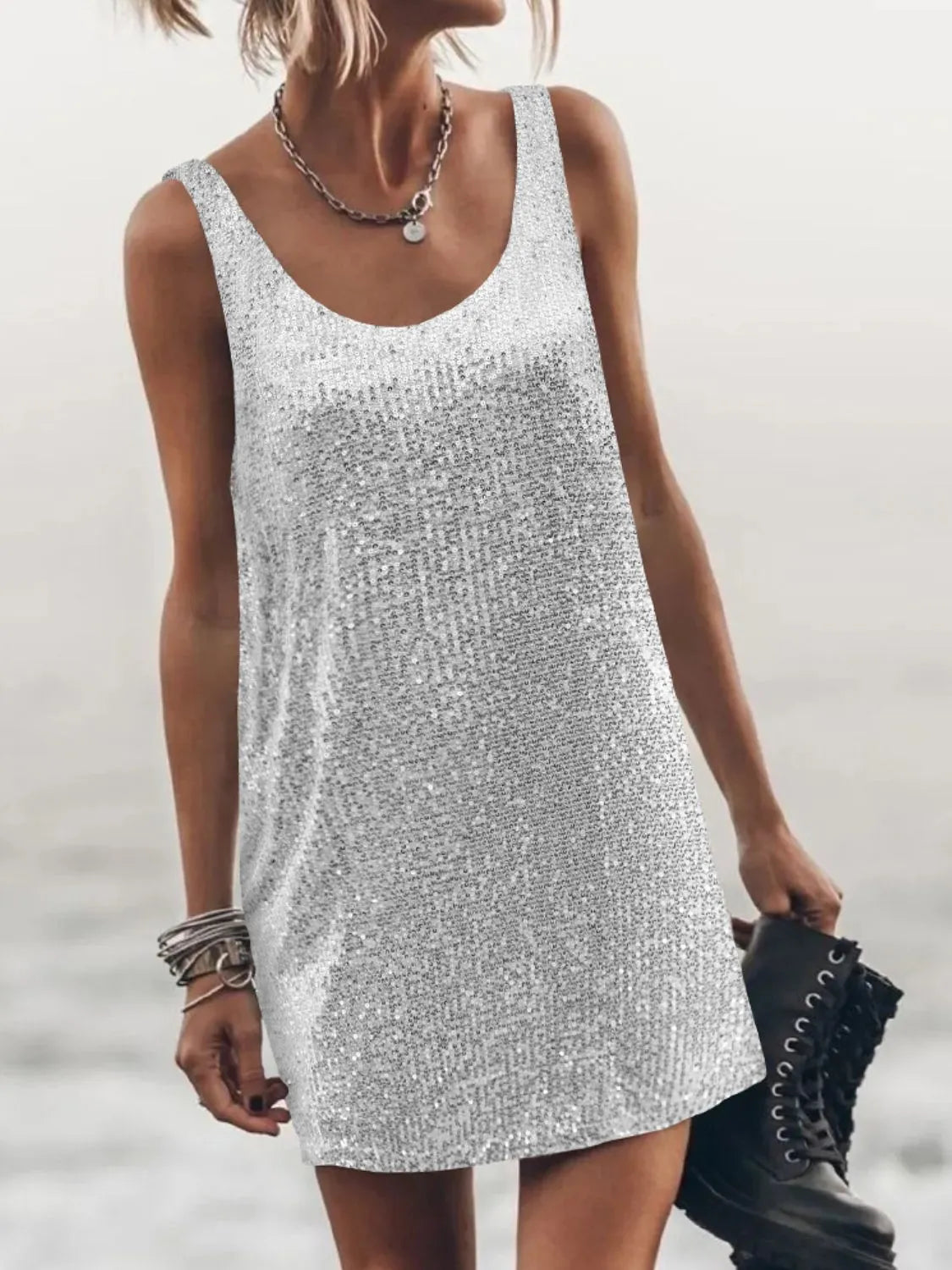 Sequin Scoop Neck Mini Dress OutfitFlow