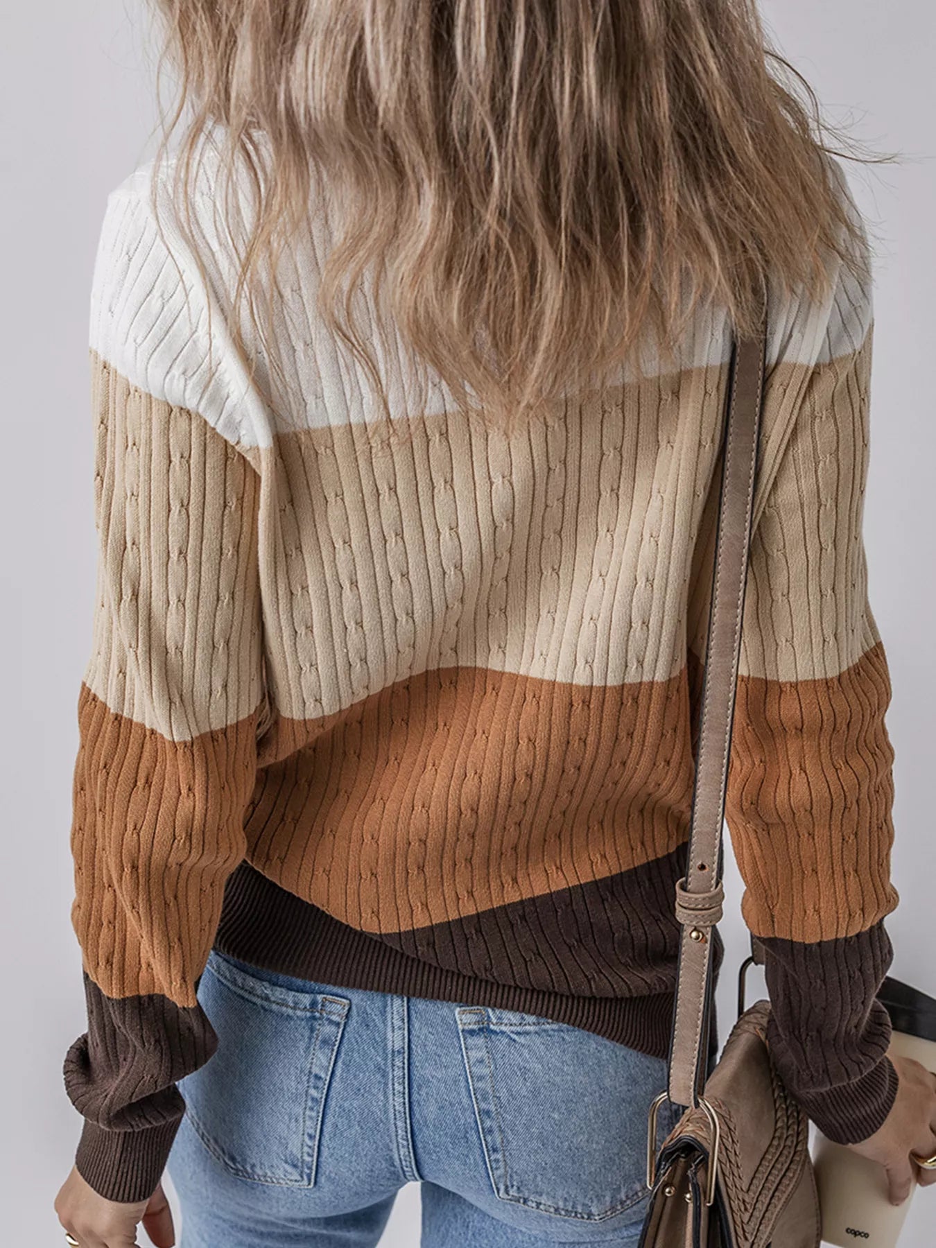 Colorblock Cable Knit Round Neck Sweater OutfitFlow