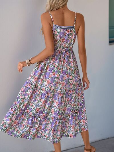 Perfee Decor Button Printed Sleeveless Tiered Midi Dress OutfitFlow