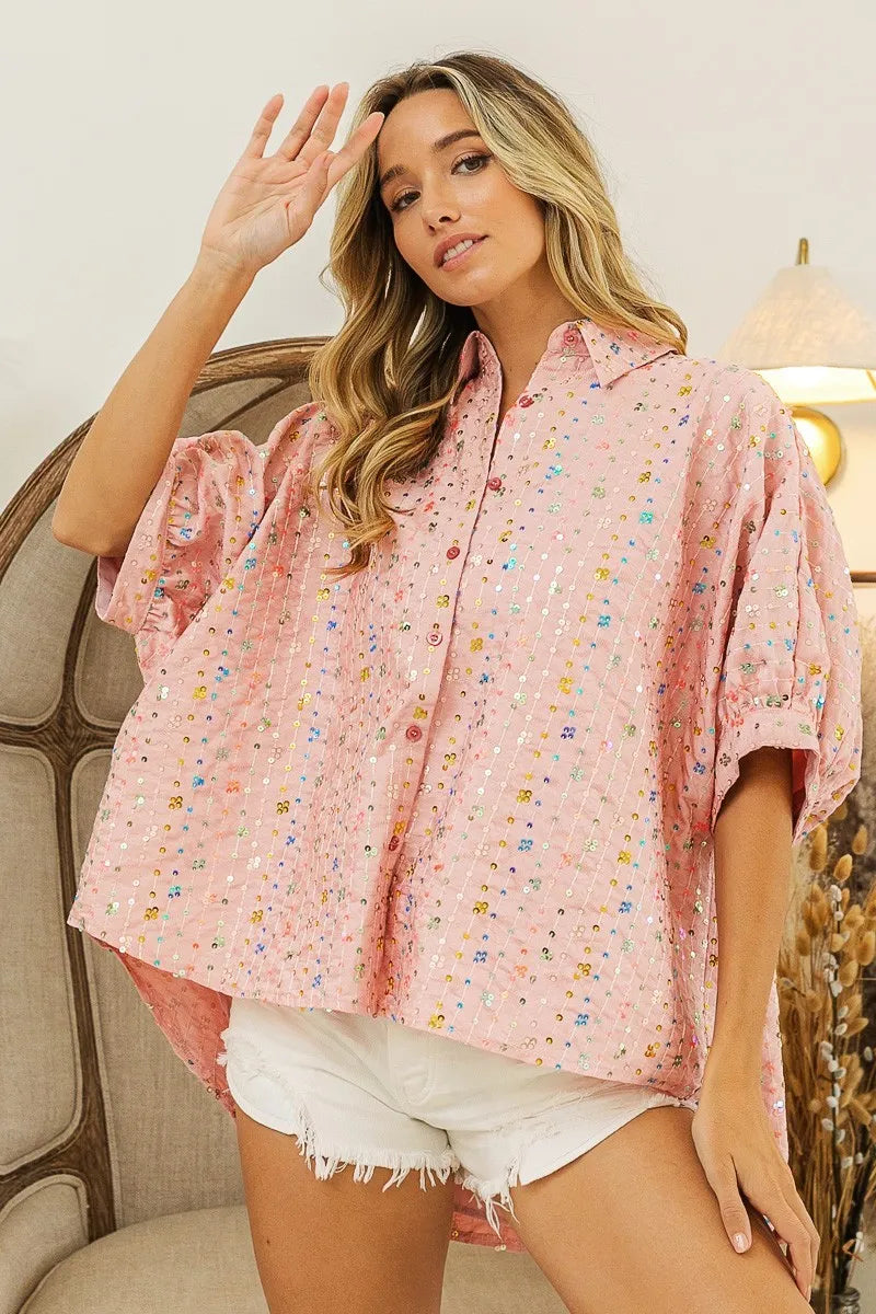 BiBi Sequin Striped Short Dolman Sleeve Blouse OutfitFlow