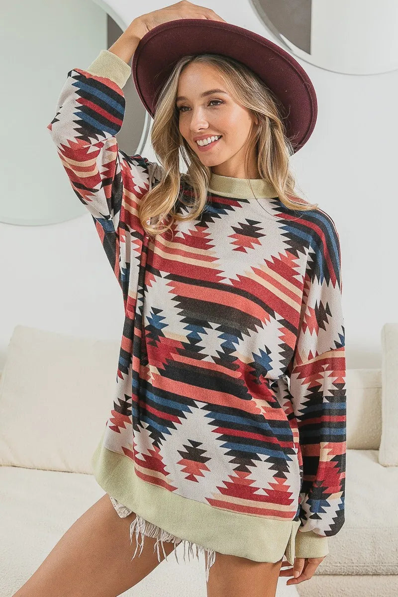 BiBi Aztec Print Mirr Mock Neck Lslv Top OutfitFlow