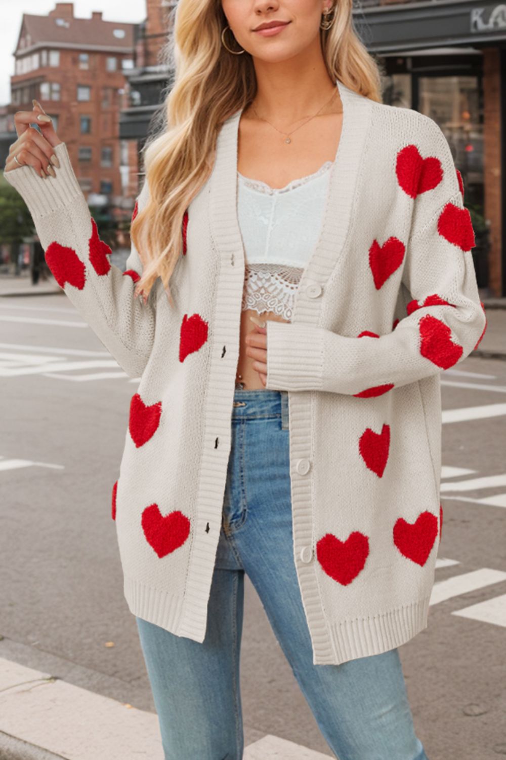 Outfit Flow - Heart Button Down Long Sleeve Cardigan