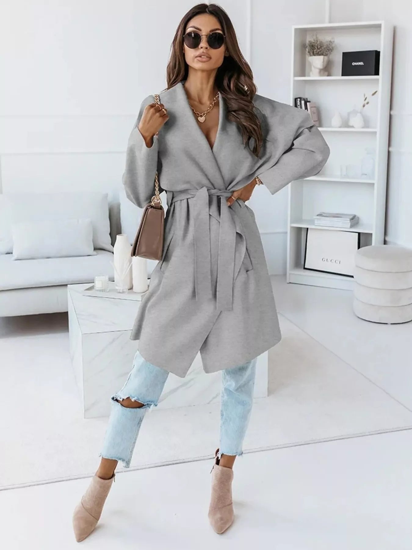 Tie Waist Long Sleeve Outerwear OutfitFlow