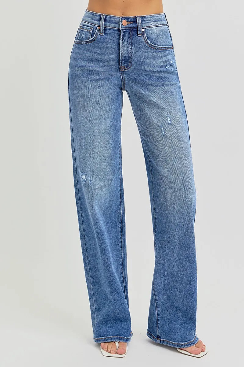 RISEN Full Size Tummy Control Elastic Band High Rise Wide Jeans Plus Size OutfitFlow