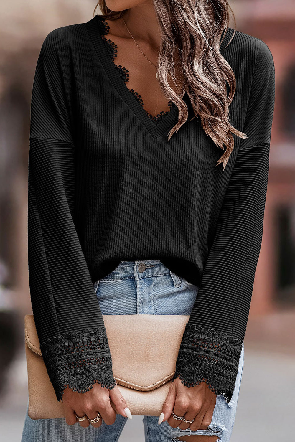 Outfit Flow - Lace Detail V-Neck Long Sleeve T-Shirt