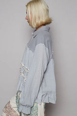 POL Button Down Floral Trim Ruffle Washed Shacket OutfitFlow