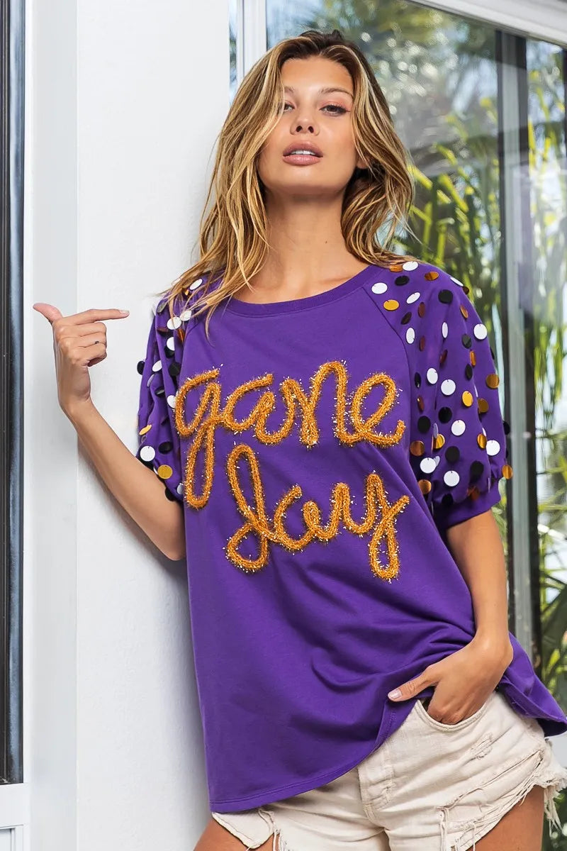 BiBi Game Day Metallic Letter Spangle Sleeve Top OutfitFlow