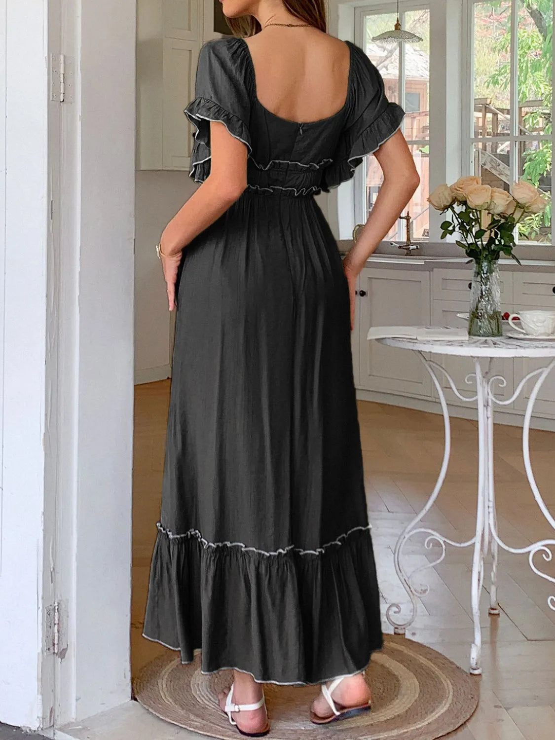 Square Neck Puff Sleeve Ruffle Trim Maxi Dress OutfitFlow