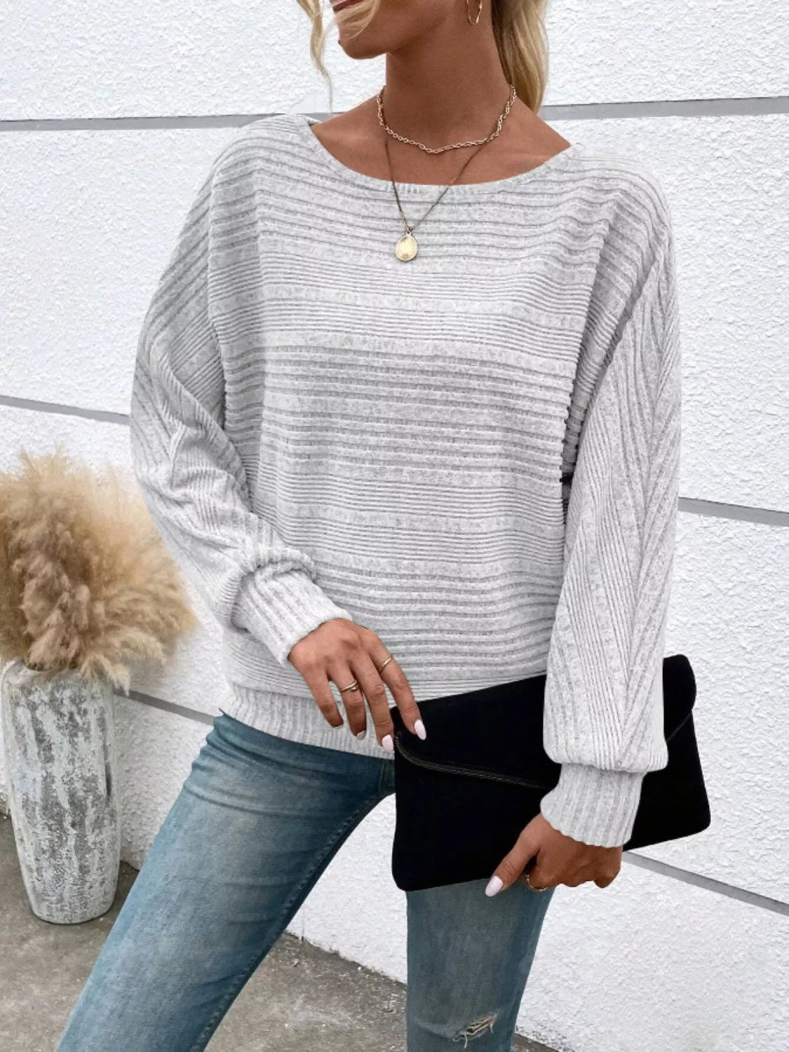Relaxed Fit Ribbed Knit T-Shirt Light Gray OutfitFlow