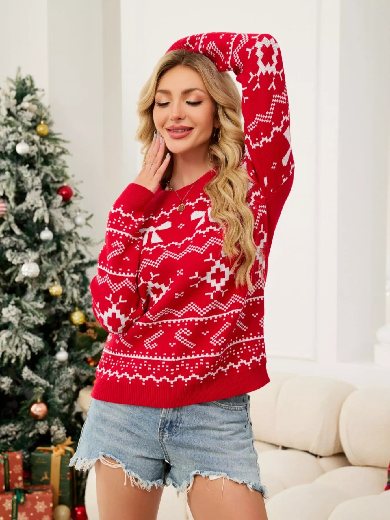 Christmas Bow Round Neck Sweater OutfitFlow