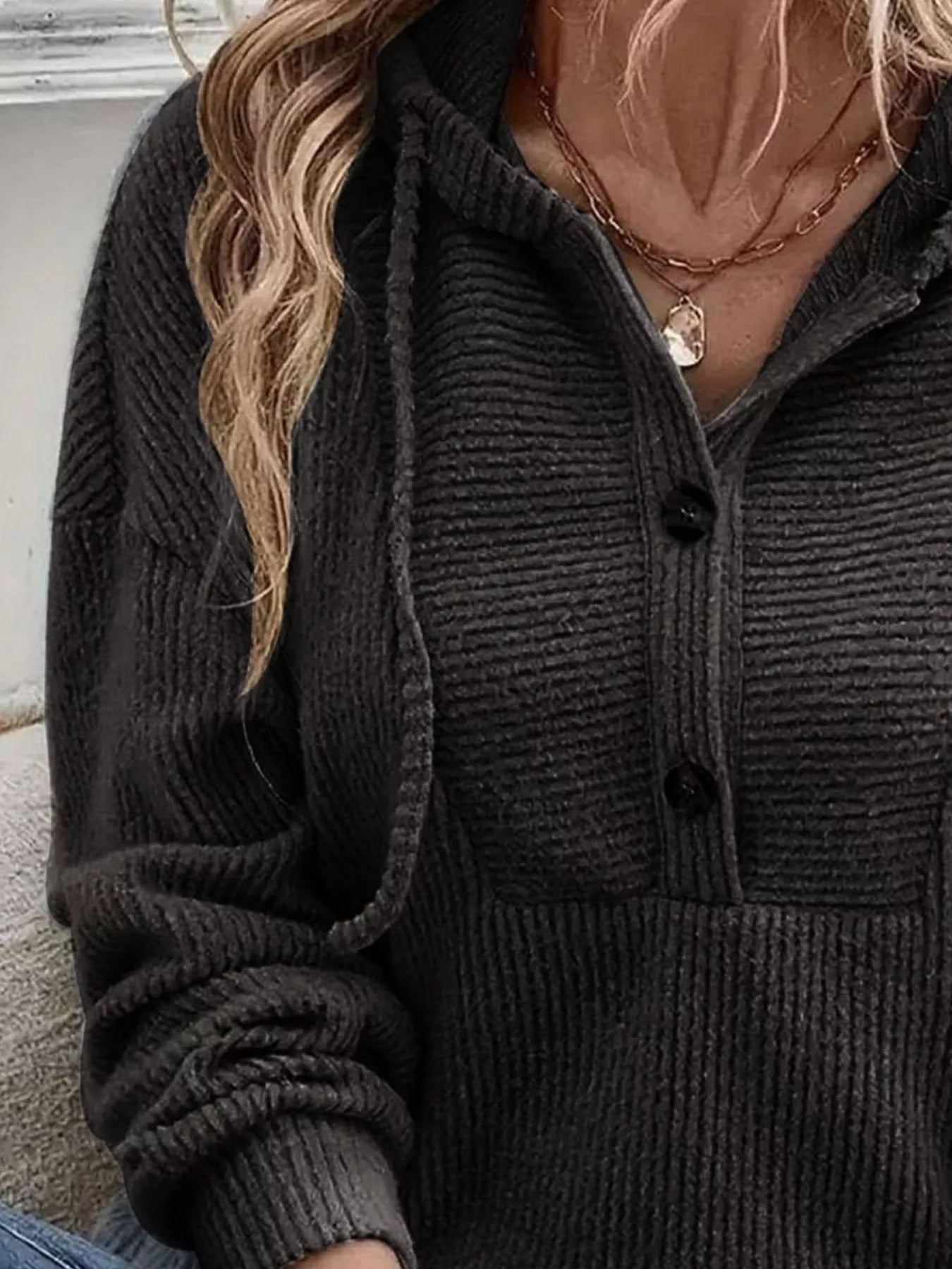 Button-Front Drawstring Hoodie OutfitFlow