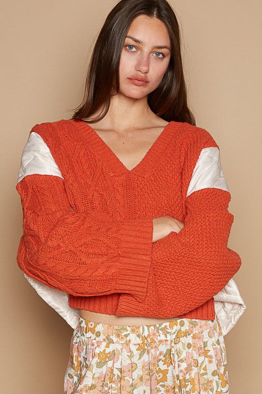 Outfit Flow - POL Cable Knit Quilting Patch V-Neck Contrast Sweater