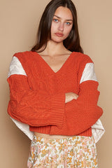 Outfit Flow - POL Cable Knit Quilting Patch V-Neck Contrast Sweater