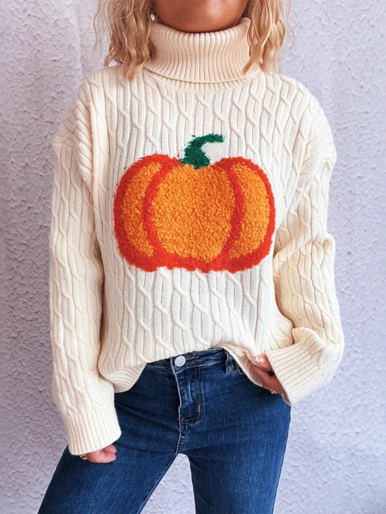 Pumpkin Turtleneck Long Sleeve Sweater OutfitFlow