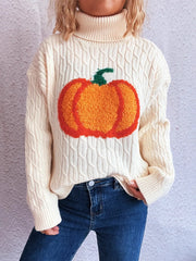 Pumpkin Turtleneck Long Sleeve Sweater OutfitFlow