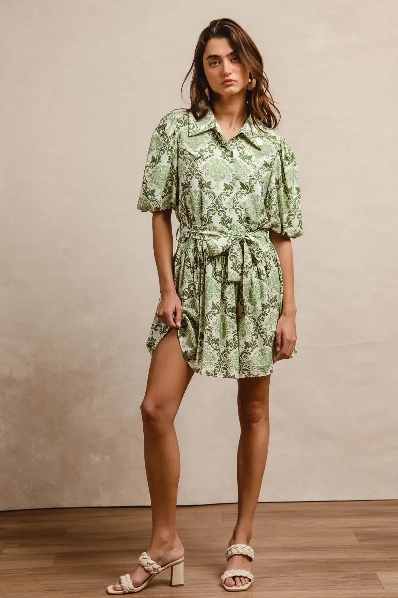 BiBi Tied Floral Short Sleeve Mini Shirt Dress OutfitFlow