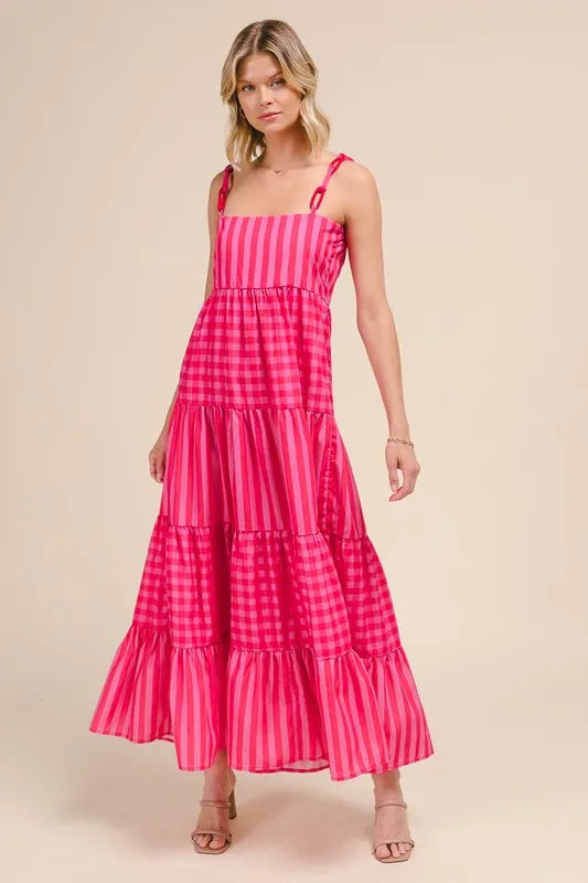 SO ME Stripe Tiered Maxi Dress with Colorful Chain Strap OutfitFlow