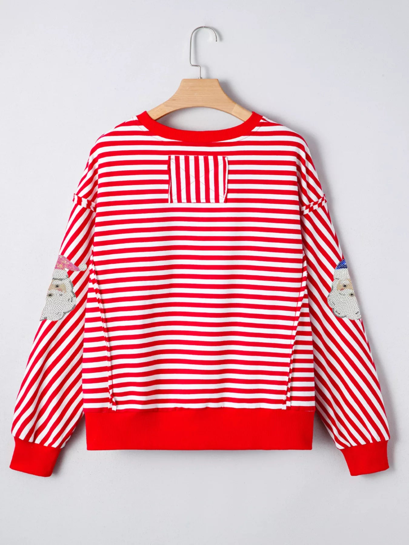Stripe Sequin Santa Round Neck Raw Seam Detail Christmas Long Sleeve Top OutfitFlow