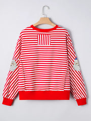 Stripe Sequin Santa Round Neck Raw Seam Detail Christmas Long Sleeve Top OutfitFlow