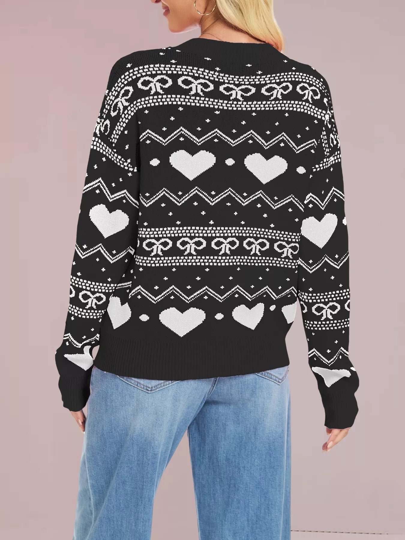 Heart & Bow Pattern Round Neck Sweater OutfitFlow