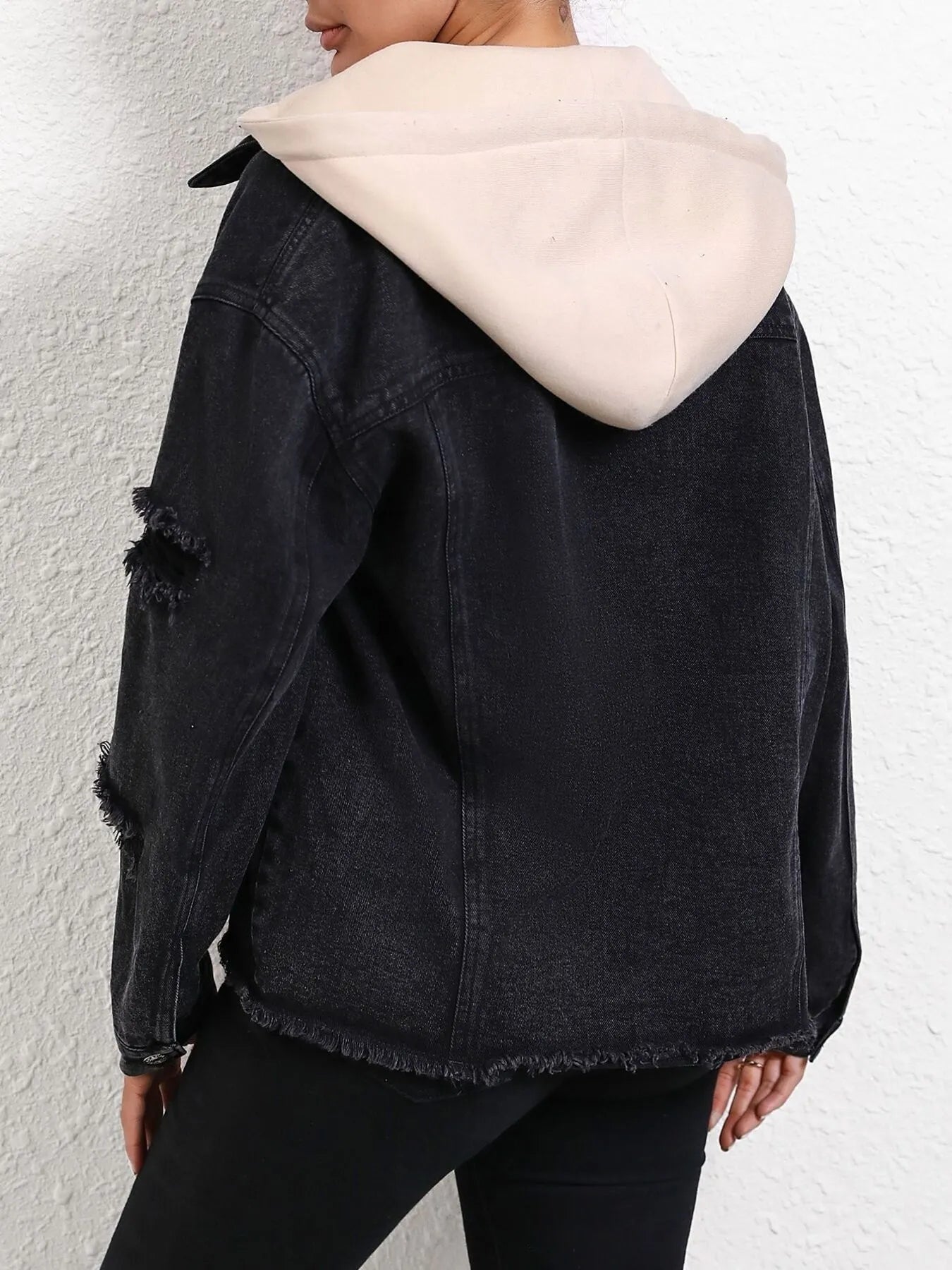 Distressed Drawstring Button Up Hooded Denim Jacket OutfitFlow