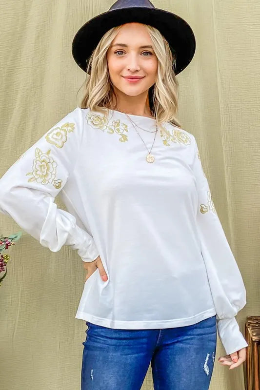 And The Why Flower Gold Embroidery Shoulder Detailed Top OutfitFlow