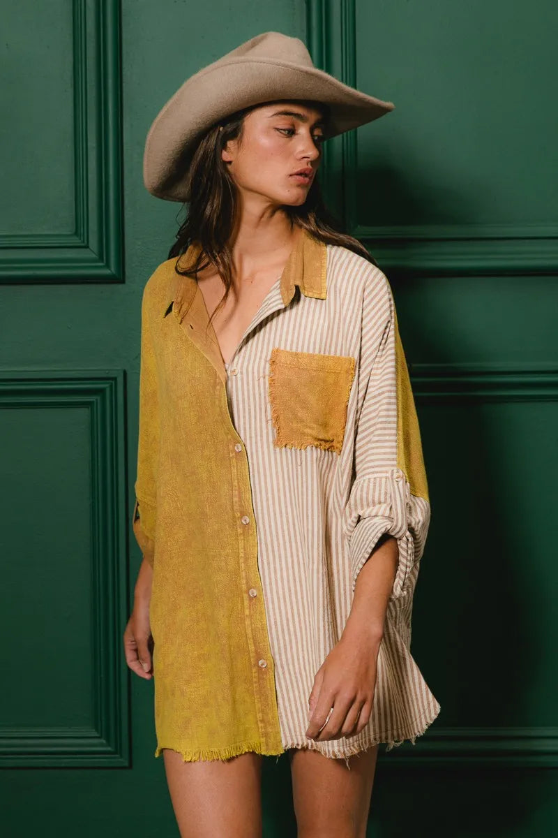BiBi Washed Raw Hem Shirt OutfitFlow