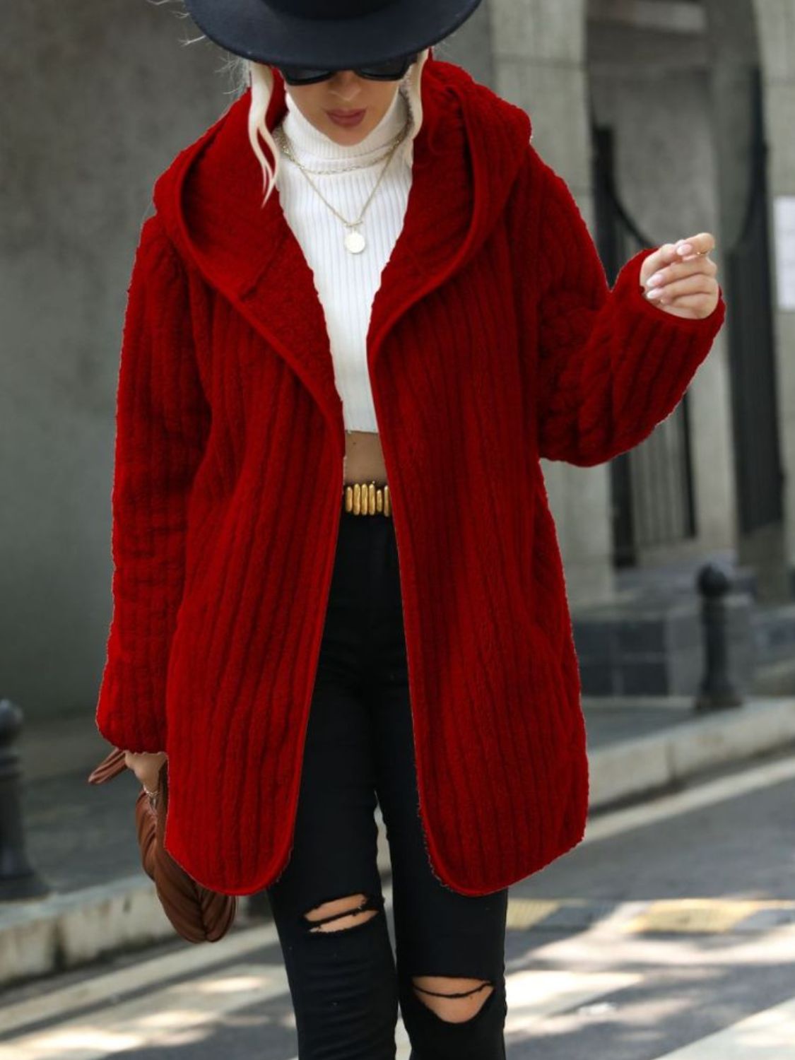 Open Front Ribbed Hooded Coat Wine Trendsi