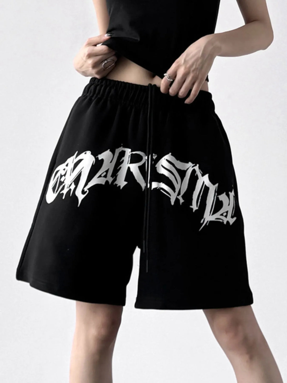 Oversized Drawstring Letter Shorts Black OutfitFlow