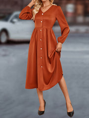 V-Neck Balloon Sleeve Midi Dress OutfitFlow