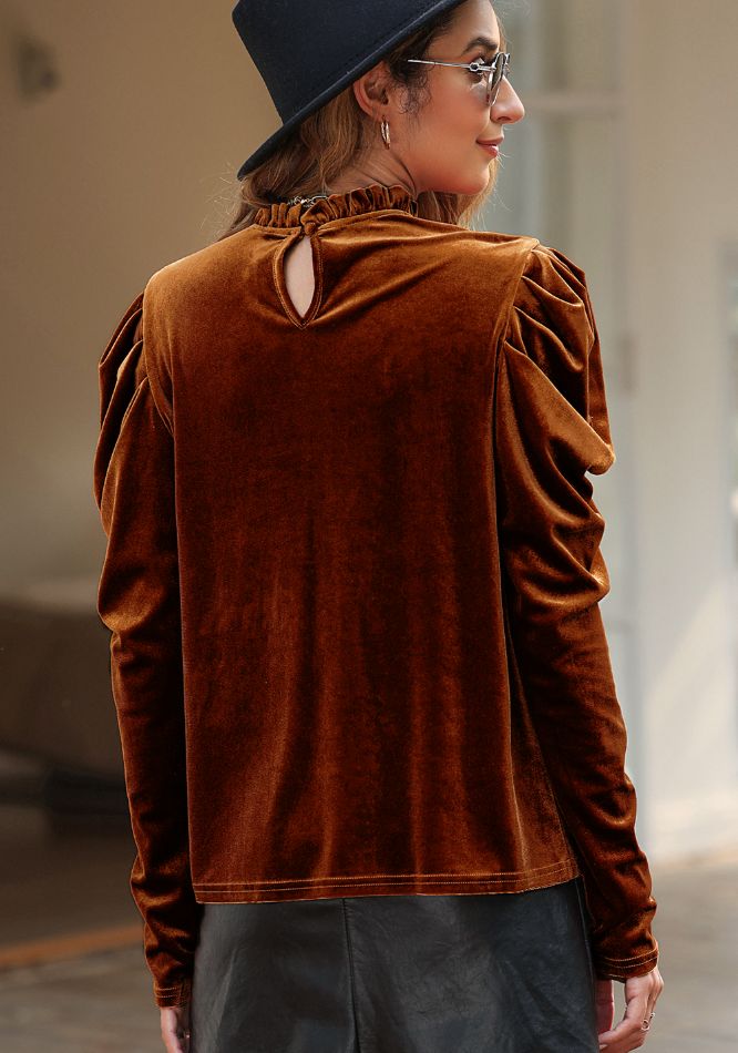Frill Mock Neck Puff Sleeve Blouse OutfitFlow