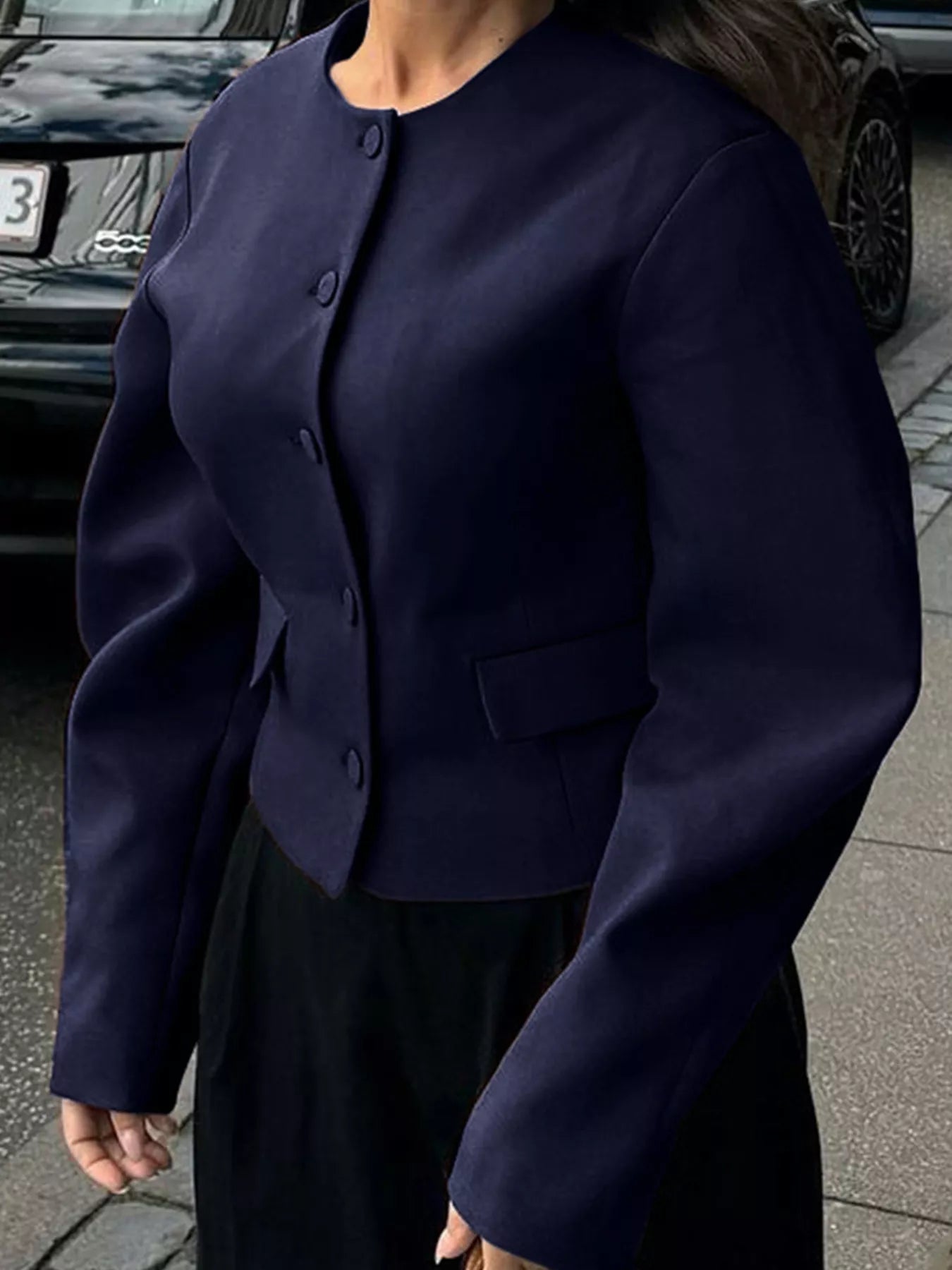 Button Up Long Sleeve Jacket Navy OutfitFlow