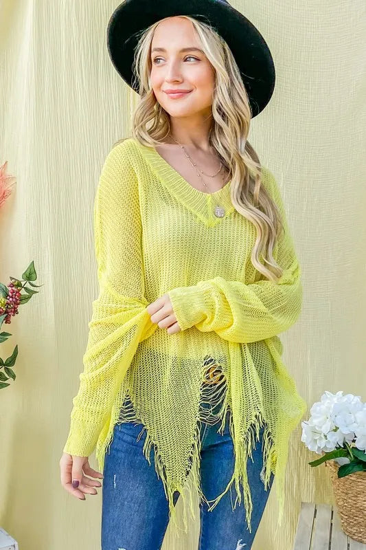 And The Why Distressed Mesh V Neck Spring Sweater Cover Up OutfitFlow