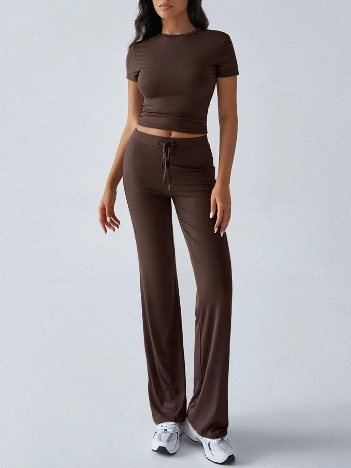 Round Neck Short Sleeve Top and Pants Set Brown OutfitFlow