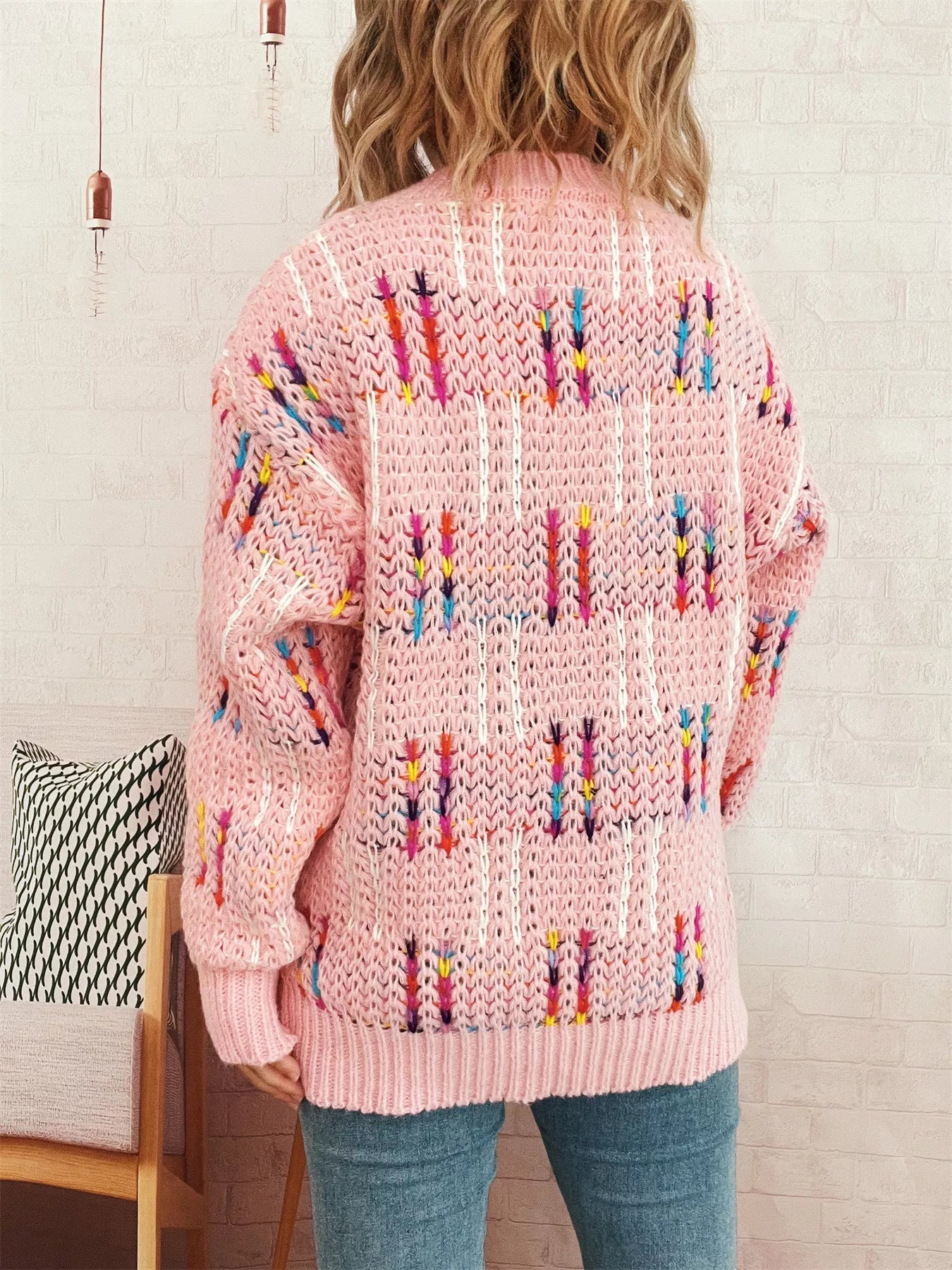 Colorful Round Neck Long Sleeve Sweater OutfitFlow