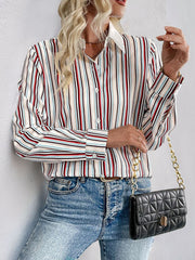 Outfit Flow - Perfee Contrast Striped Collared Neck Long Sleeve Shirt