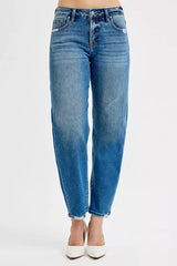 RISEN Tummy Control High Rise Ankle Slim Barrel Jeans OutfitFlow