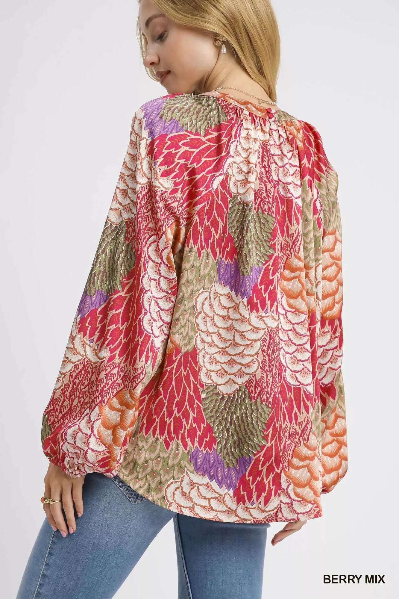 Umgee Boho Feather Print Peasant Blouse Trendsi
