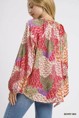 Umgee Boho Feather Print Peasant Blouse Trendsi
