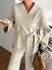 Surplice Dropped Shoulder Tie Belt Outerwear Trendsi