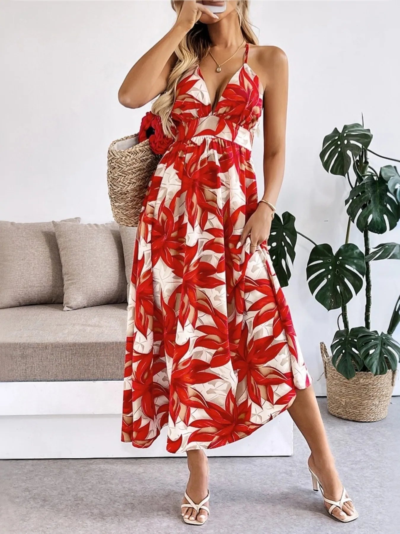 Crisscross Back Printed Midi Dress with Cutout Detail OutfitFlow