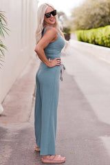 Outfit Flow - Notched Neck Tank Top and Tie Waist Wide Leg Long Pants Lounge Set