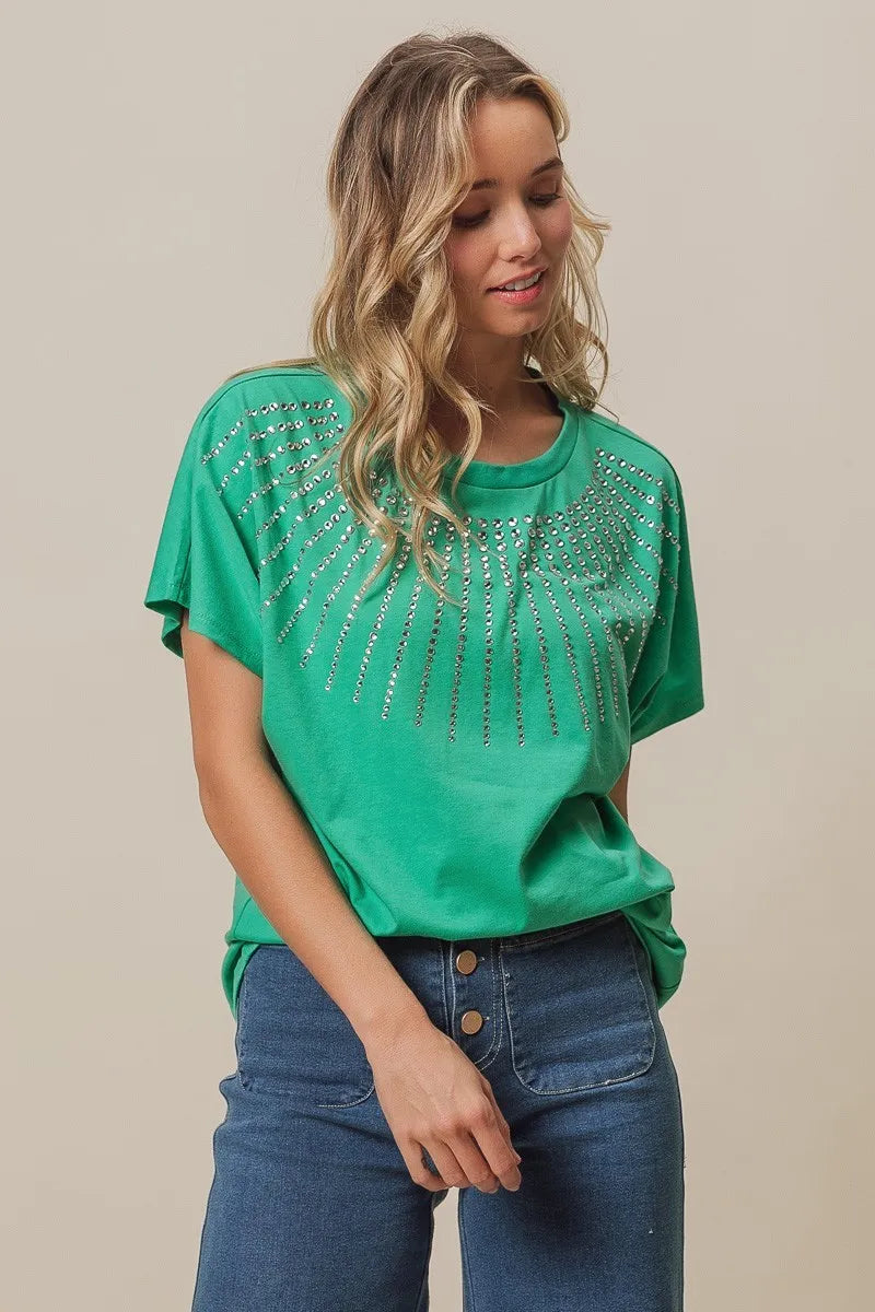BiBi Rhinestone Beaded Short Sleeve Top OutfitFlow