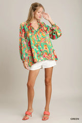 Umgee Satin Paisley Ruffle Neck Button-Up Shirt Trendsi