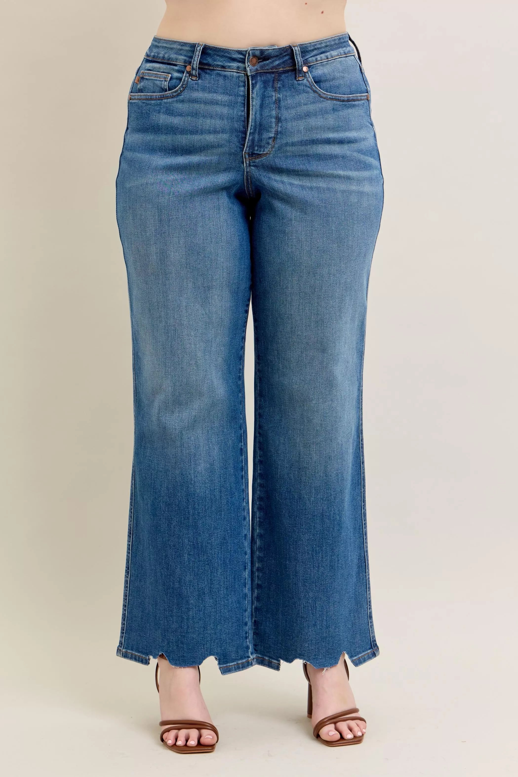 Judy Blue Full Size High Waist Tummy Control Chew Hem Destroy Wide Jeans Plus Size OutfitFlow